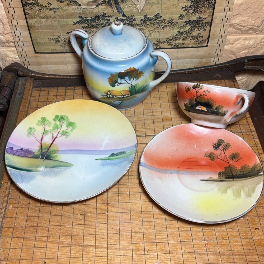 Hand Painted Meito Japan Plate 6 3/8”D Waterside, Cup Saucer Set, Sugar Bowl